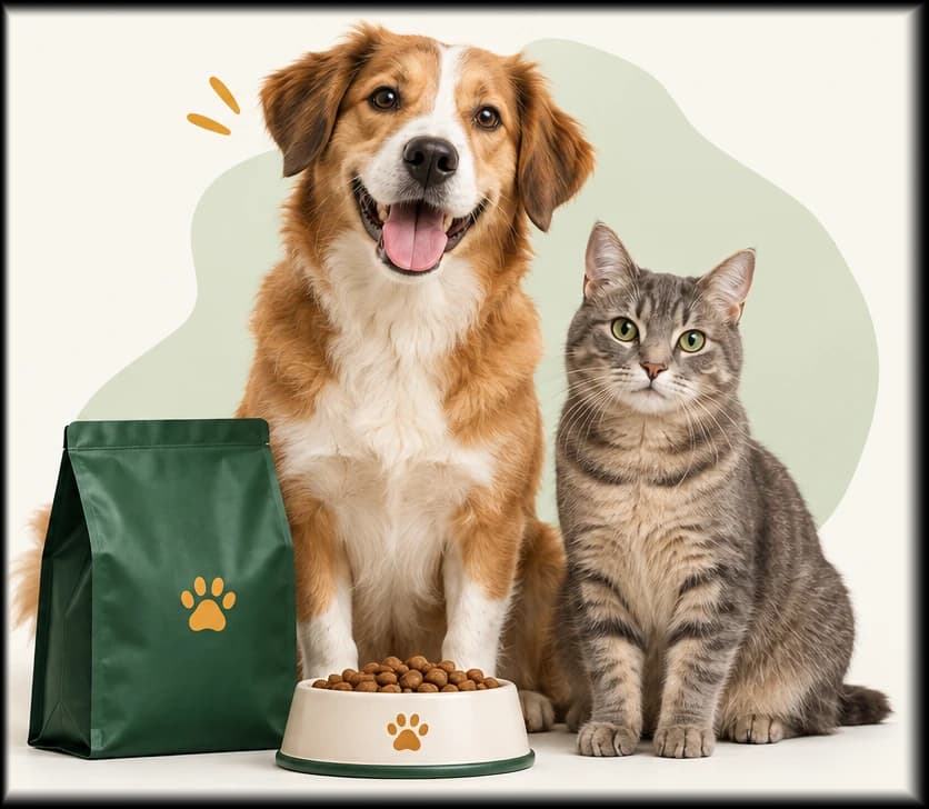 Un perro y un gato sentados junto a una bolsa de alimento y un bowl con ración